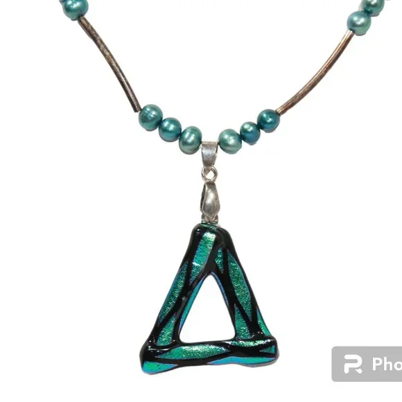 Blue Pearl Handblown Glass Pendant Handmade Necklace - Picture 2 of 7